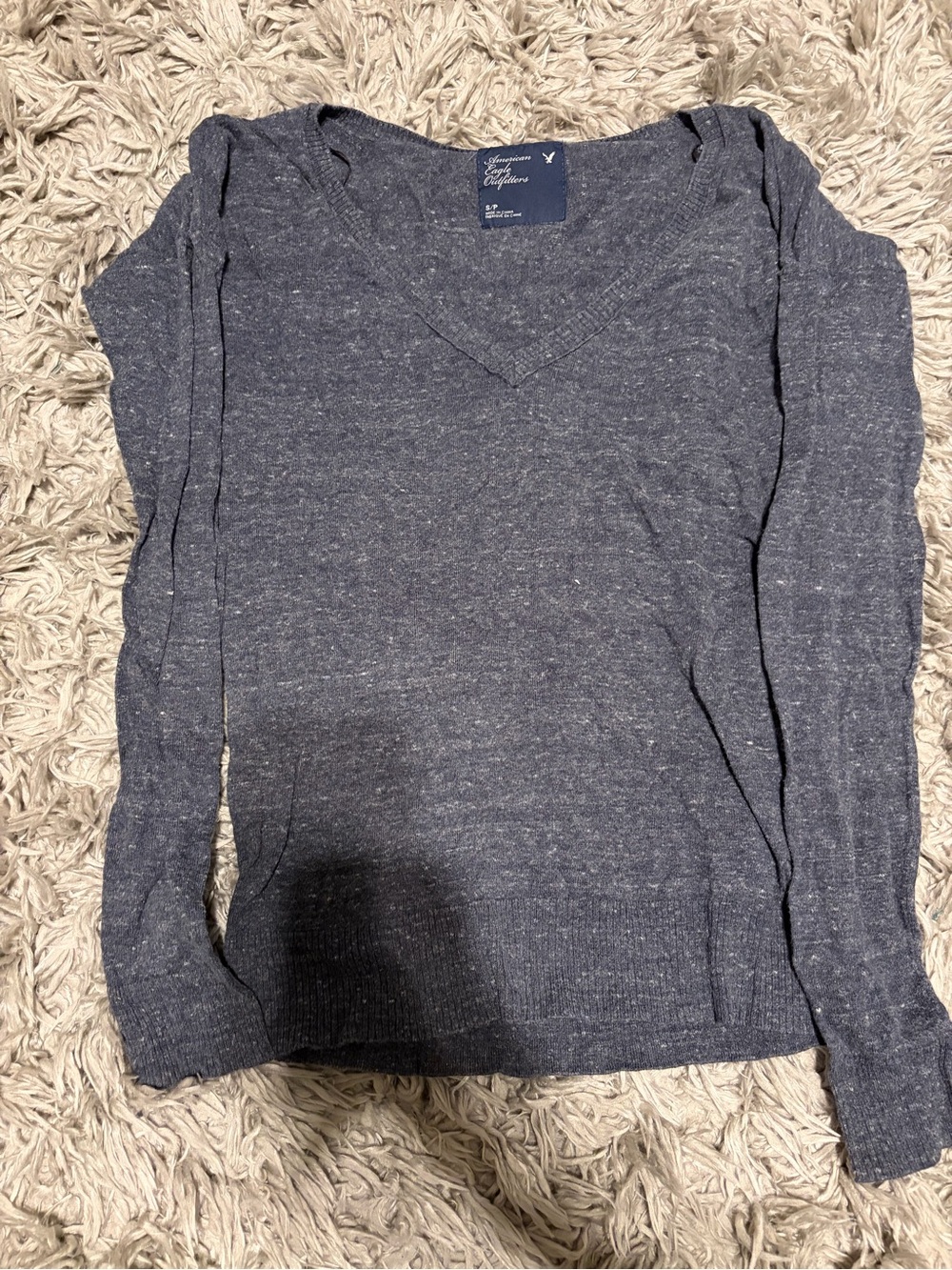 American Eagle Outfitters Heathered Navy V‑Neck Long Sleeve Top